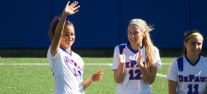 DePaul senior defender Sarah Gorden waves to the crowd at Wish Field on senior day. Gorden anchored a defense that allowed just two shots in a 1-0 win over Xavier. (Grant Myatt / The DePaulia)