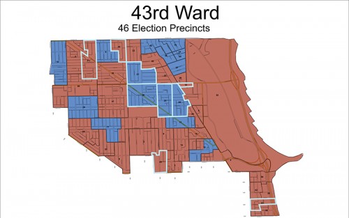 43rd Ward election results •  Michele Smith - 41.7 percent (red) •  Caroline Vickrey - 35.8 (blue) •  Jen Kramer - 16.7  •  Jerry Quandt - 5.9 *Outlined precincts indicate where candidate won more than 50 percent of vote