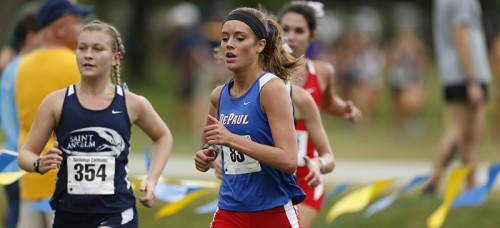 DePaul sophomore Lauren Sharp competes at a Track & Field event this season. Sharp misses the motivation her teammates give her when she’s training alone in the summer. (Photo courtesy of DePaul Athletics)