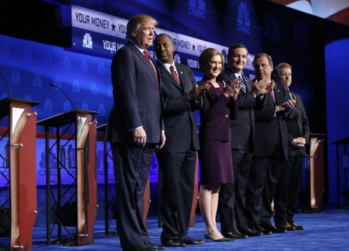 Republican presidential candidates, from left, Donald Trump, Ben Carson, Carly Fiorina, Ted Cruz, Chris Christie, and Rand Paul take the stage during the CNBC Republican presidential debate at the University of Colorado, Wednesday, Oct. 28, 2015, in Boulder, Colo. (AP Photo/Brennan Linsley)