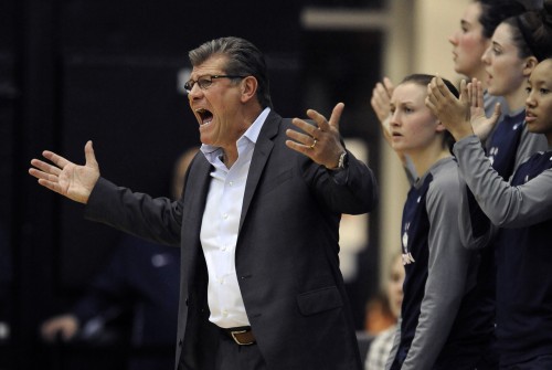 Connecticut head coach Geno Auriemma yells at his players during the first half of a basketball game against DePaul, Wednesday, Dec. 2, 2015, in Chicago. Connecticut won 86-70. (AP Photo/Paul Beaty)