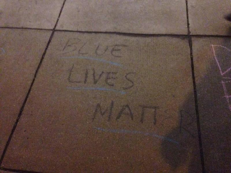 "Blue Lives Matter" was chalked by College Republicans on campus earlier this month. Phrases like this and "Build a wall" sparked a controversy on campus regarding free speech and racism. (Photo courtesy of DEPAUL COLLEGE REPUBLICANS)
