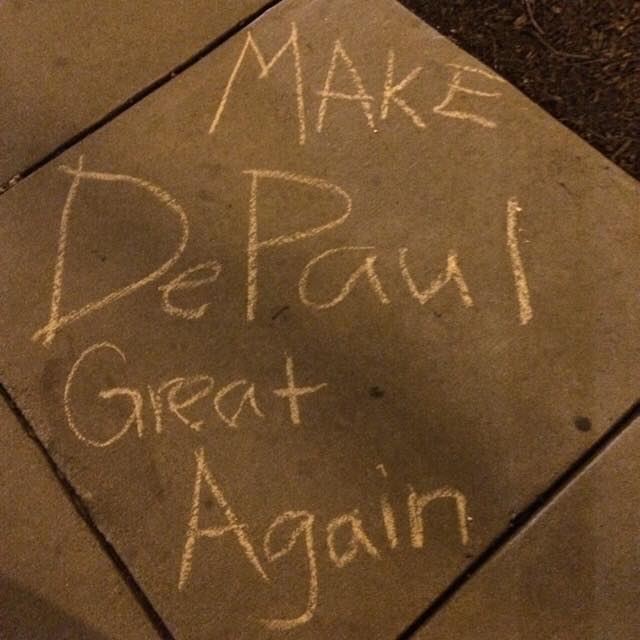 Several pro-Trump chalkings were found on DePaul's campus early Tuesday morning, sparking outrage. (Photo courtesy of DePaul College Republicans)
