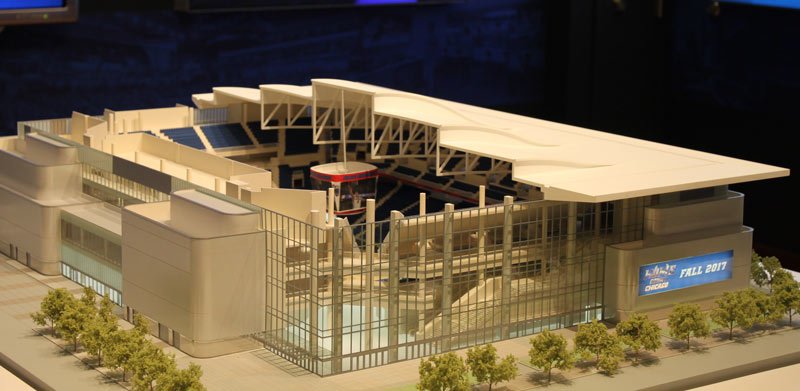 This scale model at DePaul's Loop campus gives an inside preview at how the arena will look from the outside and inside. (Matthew Paras / The DePaulia)