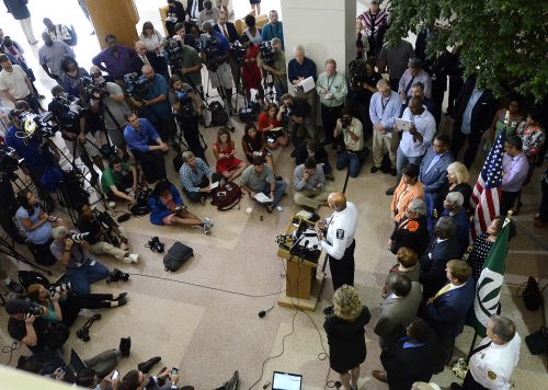 A horde of local and national media attended a news conference after a second night of violent protests, at Charlotte-Mecklenburg Police Department headquarters on Thursday, Sept. 22, 2016, in Charlotte, N.C. (John D. Simmons/Charlotte Observer/TNS)