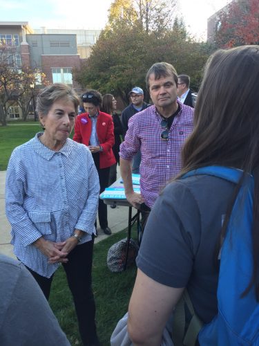 Reps. Mike Quigley (right) and Jan Schakowsky talk with students at a get out the vote rally on campus. (Brenden Moore/The DePaulia)