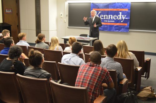 That said, the photo caption should read: Gubernatorial candidate Chris Kennedy speaks to a crowd of nearly 60 members of the DePaul community about his plans to reform Illinois. (Jack McNeil / DePaul College Democrats)