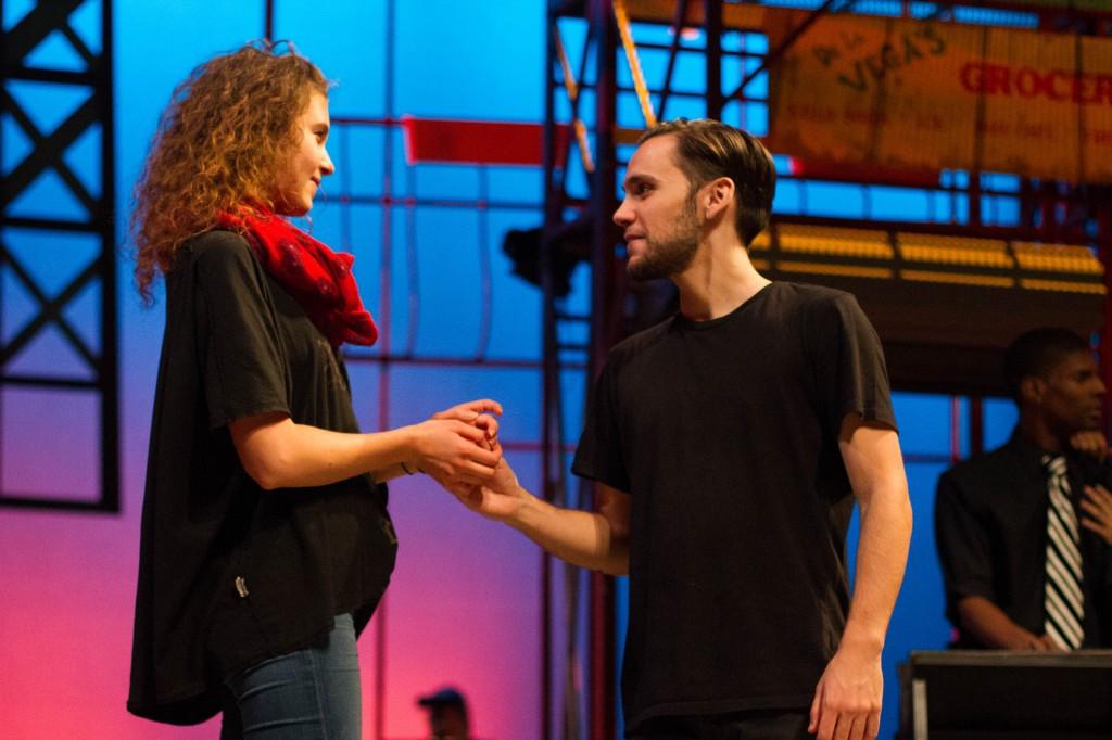From left, Lucy Blehar and Wesley Toledo share a moment onstage together. (Grant Myatt / The DePaulia)