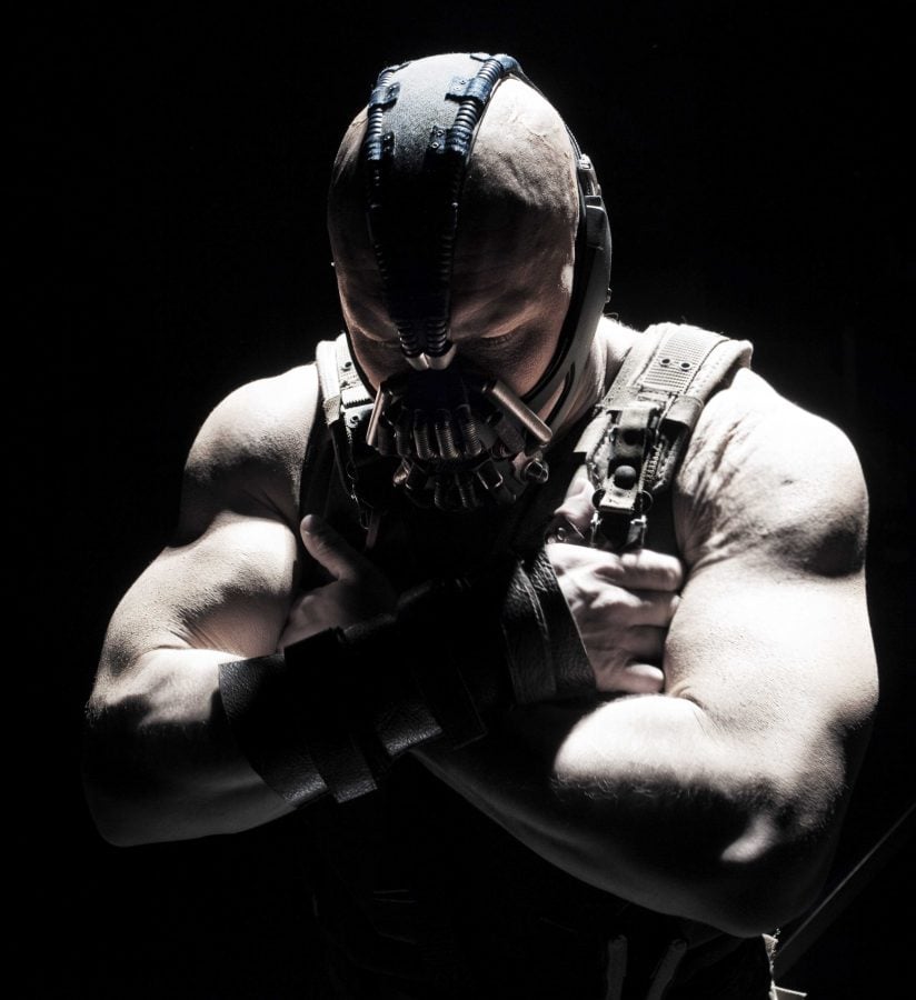 Tom Hardy as Bane in the 2012 film The Dark Knight Rises. In an interview with Mens Journal, Hardy made a veiled reference to using PEDs to bulk up for the role. Photo courtesy of Protozoa Pictures.