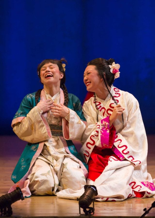 From left, Tanya Thai McBride and Amy Kim Waschke in The White Snake at Goodman Theatre. Photo courtesy of T. CHARLES ERICKSON/Goodman Theatre