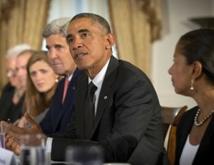 President Barack Obama speaks during a meeting with Ethiopian President Hailemariam Desalegn to discuss the Ebola epidemic, Thursday, Sept. 25, 2014 in New York. Seated with Obama are from left are, Deputy National Security Advisor Ben Rhodes, US Ambassador to the UN Samantha Power, Secretary of State John Kerry, and National Security Adviser Susan Rice. (AP Photo/Pablo Martinez Monsivais)