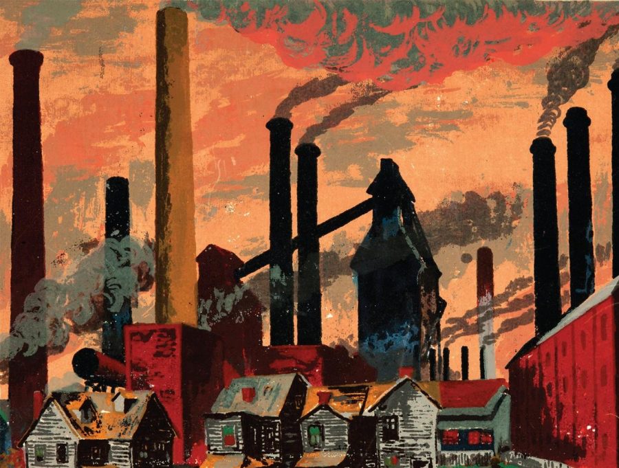Harry Sternberg, “Steel Mills (Smoke Stacks),” 1937. Screenprint. Collection of the DePaul Art Museum, gift of Belverd Needles Jr. and Marian Powers Needles. (Photo courtesy of DePaul Art Museum)