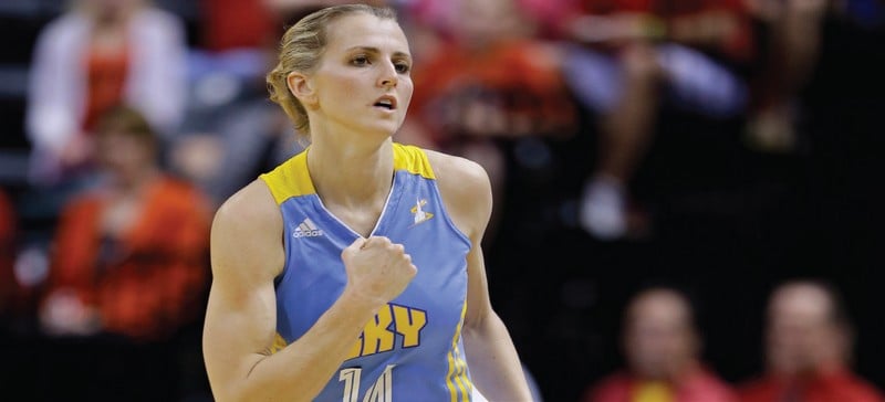 Chicago Sky guard and former Blue Demon Allie Quigley celebrates after she scored a basket. (AP Photo)