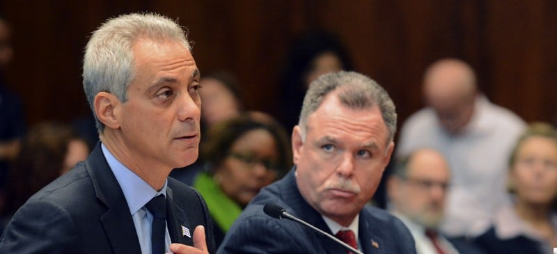 Chicago Mayor Rahm Emanuel speaks before the House-Senate Joint Criminal Reform Committee in Chicago, Tuesday, Sept. 23, 2014. Emanuel asked state legislators to make possession of less than 1 gram of any controlled substance a misdemeanor in Illinois and possession of less than 15 grams of marijuana a ticketable offense. Looking on at right is Chicago Police Superintendent Garry McCarthy. (AP Photo/Sun-Times Media, Brian Jackson) 