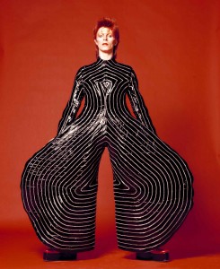 Striped boysuit for Aladdin San tour, 1973. Design: Kansai Yamamoto. Photo: Masayoshi Sukita. Sukita / The David Bowie Archive 2012.