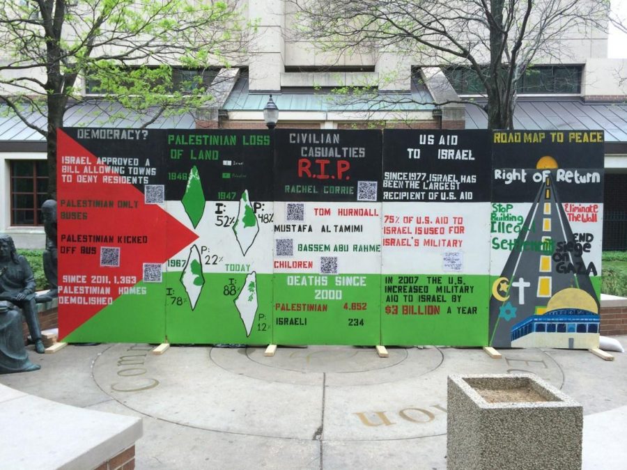 SJPs “mock apartheid wall” in St. Vincent’s Circle just off the Lincoln Park Campus Quad aimed to raise awareness about the Israeli-Palestinian conflict last week. Photo by Amanda Driscoll.