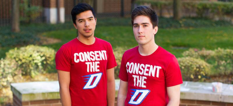 Drake Manalo (left) designed the t-shirts while Randy Vollrath (right) came up with the idea for “Consent The D” to show that DePaul students care. (Grant Myatt / The DePaulia)