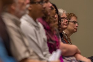 Jeanne LaDuke, the lecture's namesake and former DePaul professor of Mathematics, listens to Emily Graslie speak in the Student Center. (Julian Hayda / The DePaulia)