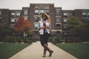 DePaul student Tanya Manasyan shows off a fall look that is both fashionable and functional. Sweaters in warm, neutral colors paired with boots make for a simple and chic outfit. (Josh Leff / The DePaulia)