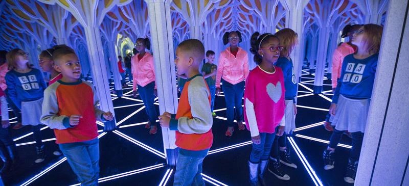 In “Numbers in Nature,” guests can navigate a seemingly infinite 1,800-square-foot mirror maze, which features a pattern of repeating triangles. (J.B. Spector / Museum of Science and Industry Chicago)