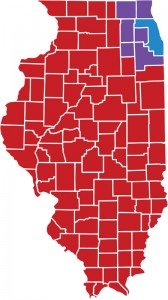 THE THREE LAYERS OF ILLINOIS POLITICS 1. Cook County (blue) - Dominated by Chicago, the nation’s second-largest county is the state’s Democratic stronghold, only voting for a Republican president once since 1960. 2. The Collar Counties (purple) - Though traditionally Republican, the counties that comprise Chicago’s suburbs have become a battleground over the past decade.  3. Downstate (red) - Politically and culturally more conservative than the rest of the state. Many downstaters resent how Chicago dominates the state’s politics.