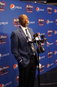 Men's basketball head coach Oliver Purnell addresses the media. (Parker Asmann / The DePaulia)