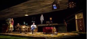 Katherine Keberlein (Violet), Mike Nussbaum (Colonel), Eric Slater (Daniel), Guy Massey (Footnote) and Catherine Combs (Beauty) in Noah Haidle’s “Smokefall” at Goodman Theatre. (Photo courtesy of Liz Lauren / Goodman Theatre)