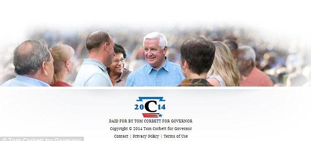 A publicity shot used on the website of Tom Corbett (center, blue shirt), Pennsylvanias incumbent governor running for re-election. It has been found that the African-American woman (middle, immediately left of Corbett) was photo edited into the image. (www.TomCorbettForGovernor.com)