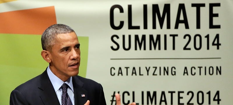 United States President Barack Obama addresses the Climate Summit, at United Nations headquarters, Tuesday, Sept. 23, 2014. (AP Photo/Richard Drew)