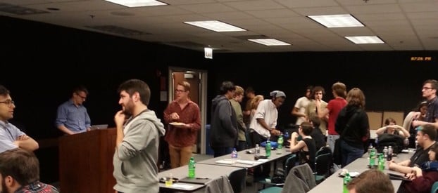 Students socialize and look for teams for the game jam. (John Scovic / The DePaulia)