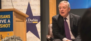 Sen. Dick Durbin speaks to college students about student loans at Harold Washington Library Oct. 10 in an event with Sen. Elizabeth Warren (D-Mass.) (Brenden Moore / The DePaulia)