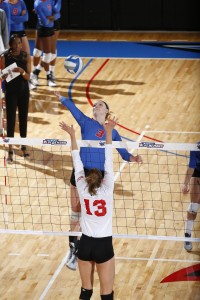 Freshman Rachel Breault rises up for a ball. DePaul fell to 3-24 with the St. John’s loss. (Photo courtesy of DePaul Athletics)