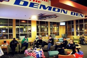 Students in the Demon Den in the Student Center for the SGA Election Night watch party