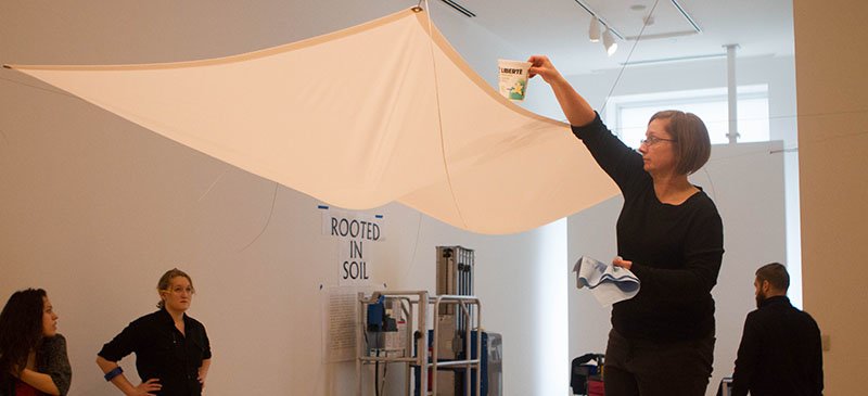 Pieces are installed for the new “Rooted in Soil” exhibition at the DePaul Art Museum, which opens Thursday, Jan. 29. (Grant Myatt / The DePaulia)