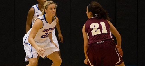 DePaul redshirt sophomore Brooke Schulte (left) has worked her way into the team’s rotation. (Grant Myatt / The DePaulia)