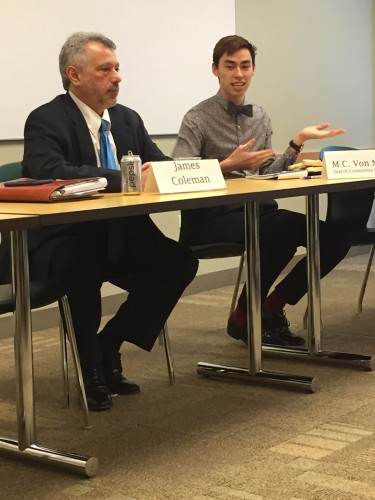 James Coleman (left), the second provost candidate to visit DePaul, meets with students on Monday, Jan. 26 in the Student Center.