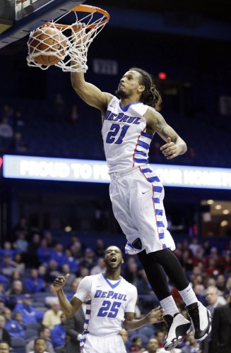 DePaul forward Jamee Crockett (21) dunks against Stanford during the second half of an NCAA college basketball game on Saturday, Nov. 30, 2014, in Rosemont, Ill. DePaul won 87-72. (AP Photo/Nam Y. Huh)