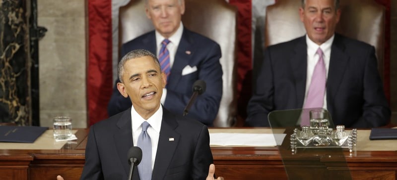 President Barack Obama gives his State of the Union address before a joint session of Congress on Capitol Hill in Washington, Tuesday, Jan. 20, 2015, Vice Presient Joe Biden and House Speaker John Boehner of Ohio listen. (AP Photo/J. Scott Applewhite)