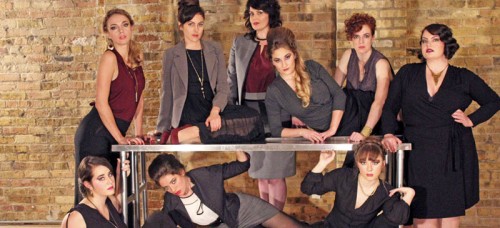 The cast of “Top Girls” by Caryl Churchill, directed by Mark Boergers. Clockwise from upper left:  Kate Smith, Aislinn Kerchaert, Patricia Lavery, Kelsey Phillips, Meg Elliott, Natalie Sallee, Tyler Meredith, Lana Smithner and Robyn Novak. (Photo courtesy of Alexa Ray Meyers)