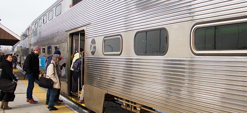 Commuters board a Union Pacific North Line Metra train toward Kenosha at the Clybourn stop. 82 percent of DePaul students are commuters, with many coming from the suburbs. (Grant Myatt / The DePaulia)