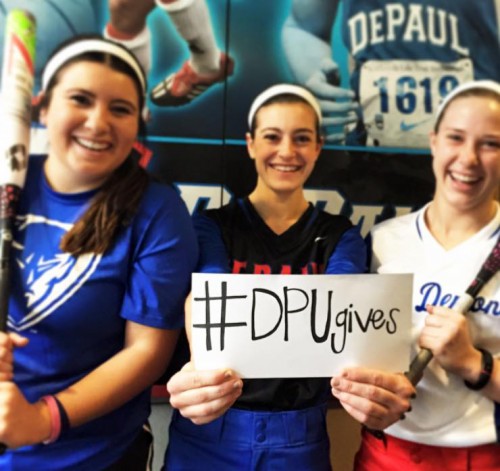 Member of the DePaul softball team give back through supporting BBands, the headband company started by a DePaul sophomore that supports a scholarship for CPS students who attend DePaul. (Grant Myatt / The DePaulia)