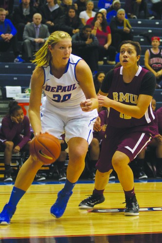 DePaul forward Megan Podkowa drives to the basket on Nov. 6 against Robert Morris University.  (Grant Myatt / The DePaulia)