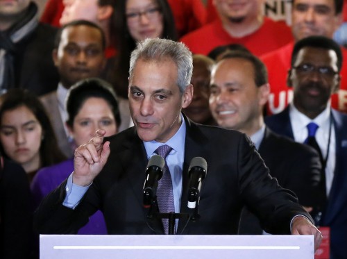 Chicago Mayor Rahm Emanuel talks to supporters Tuesday night after he failed to capture a majority of the vote forcing him into a runoff this spring against Cook County Commissioner Jesus "Chuy" Garcia. (AP Photo/Charles Rex Arbogast)