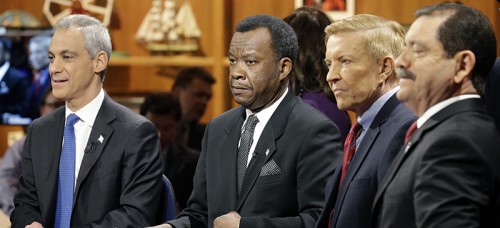 Mayor Rahm Emanuel (L) has battled mayoral candidates (L-R) Willie Wilson, Bob Fioretti, and Chuy Garcia on Chicago’s policy of a mayor-appointed school board. (Nam Y. Huh | AP)