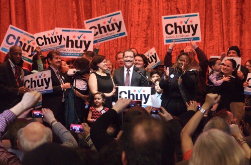 After the runoff announcement, Garcia encourages supporters at his election night event in Chicago. Garcia received 33.9 percent of the votes and will face Mayor Rahm Emanuel in a runoff April 7. (Megan Deppen / The DePaulia).