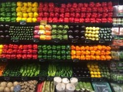 The perfectly-stacked produce section on the first floor of the DePaul Whole Foods location on opening day. (Grant Myatt / The DePaulia)