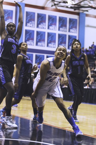 DePaul senior Brittany Hrynko goes up for a layup in an 81-80 loss to Seton Hall Friday at McGrath-Phillips Arena. (Josh Leff / The DePaulia)