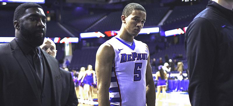 DePaul guard Billy Garrett Jr. looks on after Wednesday’s 84-57 loss to Providence at Allstate Arena. (Josh Leff / The DePaulia)