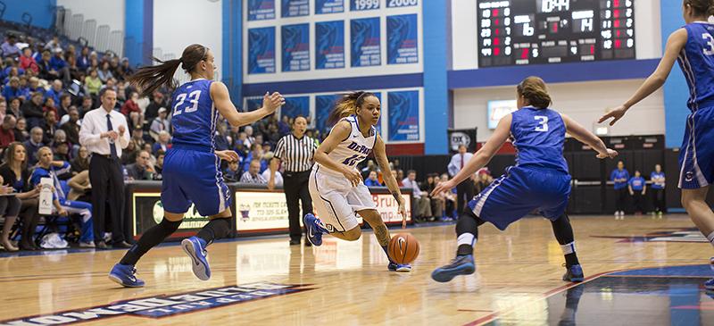 DePaul senior Brittany Hrynko (center) looks for her teammates Friday, Jan. 23 versus Creighton. Hrynko is averaging a career-high 19.9 points per game this season. (Josh Leff / The DePaulia)