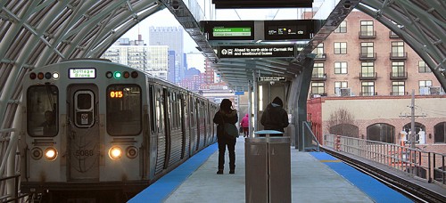 South Loop residents and convention-goers alike make use of the new Cermak-McCormick Place Green Line stop. The stop opened Feb. 8 after more than two years of construction, closing a nearly two-mile gap on the line. (Vanessa Bell / The DePaulia)